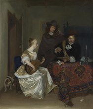 A Woman playing a Theorbo to Two Men, ca 1668. Artist: Ter Borch, Gerard, the Younger (1617-1681)