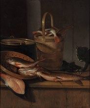 Still life with fish and a cat, c. 1650-1660. Artist: Vaillant, Wallerant (1623-1677)