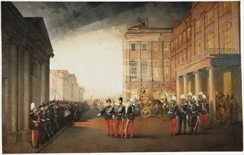 Parade in front of the Anichkov Palace on 26 February 1870, 1870. Artist: Zichy, Mihály (1827-1906)