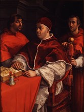 Portrait of Pope Leo X with Cardinals Giulio de' Medici and Luigi de' Rossi, ca 1518. Artist: Raphael (1483-1520)