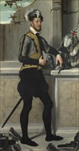 A Knight with his Jousting Helmet (Il Cavaliere dal Piede Ferito, Conte Faustino Avogadro (?), ca 1554. Artist: Moroni, Giovan Battista (1520/25-1578)