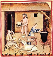 The production of cheese. A miniature from Tacuinum Sanitatis, Second Half of 14th cen.. Artist: Anonymous