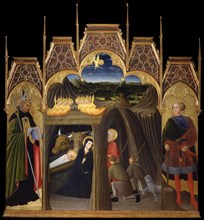 The Adoration of the Shepherds between Saints Augustine and Galgano, 1440-1449. Artist: Pietro di Giovanni d'Ambrogio (ca 1410-1449)