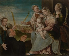 Virgin and child with Sants Catherine, Lucy, Justina of Padua and a Benedictine monk. Artist: Varotari, Dario, the Elder (1539-1596)