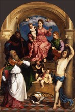 Enthroned Madonna with Child and Saints, ca 1530. Artist: Bordone, Paris (1500-1571)