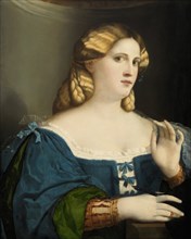 Young Woman in a Blue Dress, with Fan, 1512-1514. Artist: Palma il Vecchio, Jacopo, the Elder (1480-1528)