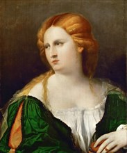 Young woman in a green dress, a box in her hand, ca 1514. Artist: Palma il Vecchio, Jacopo, the Elder (1480-1528)