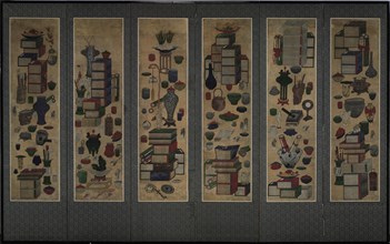 Scholar's books and utensils (Ch'aekkori). Six-section folding screen, Mid of the 19th cen.. Artist: Anonymous