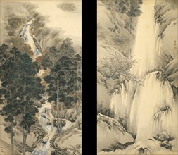 Waterfall in Spring and Autumn (Set of two hanging scrolls), 1893. Artist: Chikudo, Kishi (1826-1897)