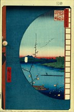 View from Massaki on the Grove near Suijin Shrine, the Uchigawa Inlet and Sekiya Village. (One Hundred Famous Views of Edo), c. 1858. Artist: Hiroshige, Utagawa (1797-1858)