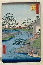 Mokuboji Temple and Vegetable Fields on Uchigawa Inlet (One Hundred Famous Views of Edo), 1856-1858. Artist: Hiroshige, Utagawa (1797-1858)
