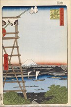 Ekoin Temple in Ryogoku and Moto-Yanagi Bridge (One Hundred Famous Views of Edo), 1856-1858. Artist: Hiroshige, Utagawa (1797-1858)