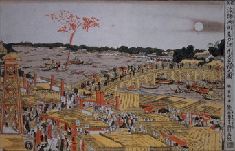 Fireworks at Ryogoku Bridge, c. 1785. Artist: Hokusai, Katsushika (1760-1849)
