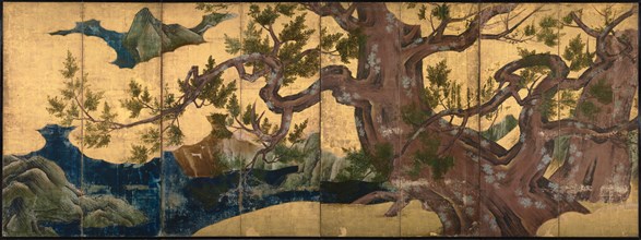 Cypress Tree (Eight folded screen), 1590. Artist: Eitoku, Kano (1543-1590)