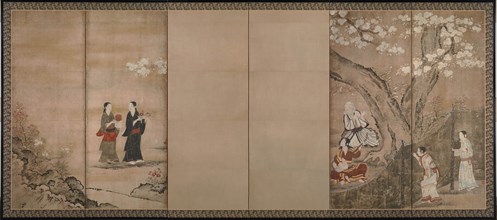 Merry-making under aronia blossoms. Right of a pair of six-section folding screens, 18th century. Artist: Naganobu, Kano Isenin (1775-1828)