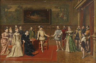Catherine de 'Medici meets her sons Charles IX and Henry III. Artist: Bakalowicz, Wladyslaw (1831-1904)
