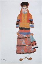 Peasant woman. Costume design for the Vaudeville Old Moscow at the Théâtre Femina in Paris, 1922. Artist: Bakst, Léon (1866-1924)