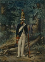 Grenadier of the Preobrazhensky Regiment in 1800, 1840s. Artist: Belousov, Lev Alexandrovich (1806-1864)