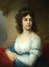 Portrait of an Unknown Woman in white gown with blue ribbon, End 1790s. Artist: Borovikovsky, Vladimir Lukich (1757-1825)
