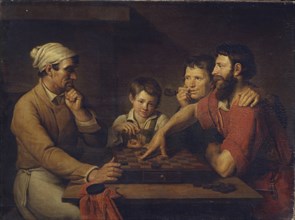 A Cook Playing Draughts with a Caretaker, 1824. Artist: Gryaznov, Vasily Ivanovich (1805-after 1862)