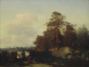 Landscape with Anglers, 1852. Artist: Kamenev, Valerian Konstantinovich (1823-1874)