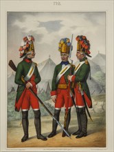 Grenadiers of the Preobrazhensky, Semenovsky and Izmailovsky Regiment in 1763-1775, Early 1840s. Artist: Razumikhin, Pyotr Ivanovich (1812-1848)