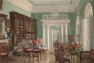 Interior of the Library in the Golitsyn' Nikolo-Uryupino Estate, 1910. Artist: Sredin, Alexander Valentinovich (1872-1934)