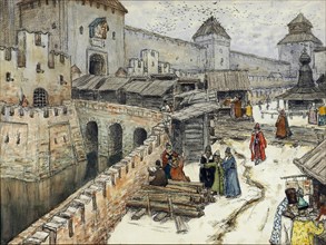 Moscow in the 17th Century. Bookshops on the Christ the Saviour Bridge, 1902. Artist: Vasnetsov, Appolinari Mikhaylovich (1856-1933)