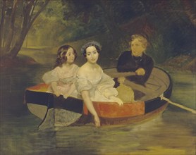 Self-portrait with Baroness Yekaterina Meller-Zakomelskaya and her daughter in a boat, 1833-1835. Artist: Briullov, Karl Pavlovich (1799-1852)