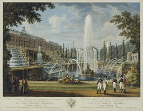 View of the Great Cascade, Samson Fountain and Great Palace at Peterhof, Early 19th cen.. Artist: Chessky (Cheskoy), Ivan Vasilievich (1782-1848)
