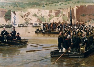 The Russians crossing the Danube at Svishtov in Juny 1877, 1870s. Artist: Dmitriev-Orenburgsky, Nikolai Dmitrievich (1837-1898)