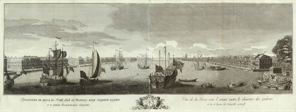 View of the Neva River between the Galley Yard and the Vasilyevsky Island (Book to the 50th anniversary of St Petersburg), 1753. Artist: Elyakov, Ivan Petrovich (1725-1756)