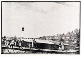View of the Malaya Nevka River from the Kamennoostrovsky Bridge, 1821-1822. Artist: Galaktionov, Stepan Philippovich (1779-1854)