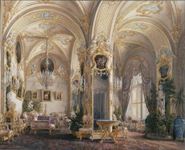 Interiors of the Winter Palace. The Drawing Room in Rococo Style with Cupids, 1860s. Artist: Hau, Eduard (1807-1887)