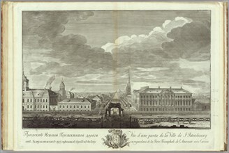 Nevsky Prospekt with the Stroganov Palace (Book to the 50th anniversary of the founding of St. Petersburg), 1753. Artist: Kachalov, Grigory Anikeevich (1711-1759)