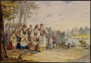 Russian peasant girls with Festival Dress, 1845. Artist: Kolmann, Karl Ivanovich (1786-1846)