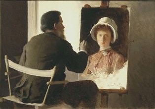 Kramskoy Painting a Portrait of his Daughter, 1884. Artist: Kramskoi, Ivan Nikolayevich (1837-1887)