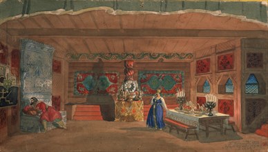 Stage design for the opera The Tsar's Bride by N. Rimsky-Korsakov, 1920. Artist: Kustodiev, Boris Michaylovich (1878-1927)