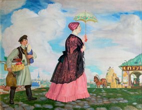 Merchant's woman with purchases, 1920. Artist: Kustodiev, Boris Michaylovich (1878-1927)