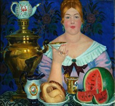 The Merchant's Wife Drinking Tea, 1923. Artist: Kustodiev, Boris Michaylovich (1878-1927)