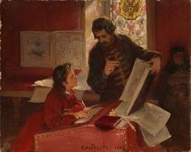 Nikita Zotov teaches young Peter I, 1902. Artist: Lebedev, Klavdi Vasilyevich (1852-1916)