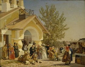 Coming out of a Church in Pskov, 1864. Artist: Morozov, Alexander Ivanovich (1835-1904)