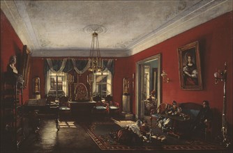The drawing room in the Nashchokin House in Moscow, Early 1840s. Artist: Podklyuchnikov, Nikolai Ivanovich (1813-1877)