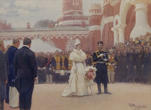 Nicholas II receiving rural district elders on May 18, 1896 in the yard of Petrovsky Palace in Moscow, 1897. Artist: Repin, Ilya Yefimovich (1844-1930)
