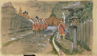 Strelets Patrol at the Ilyinsky Gates in Old Moscow, 1897. Artist: Ryabushkin, Andrei Petrovich (1861-1904)