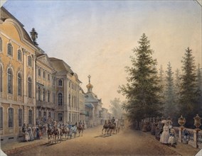 The main entrance of the Great palace in Peterhof, 1852. Artist: Sadovnikov, Vasily Semyonovich (1800-1879)