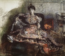 After the Concert. Portrait of N. Zabela-Vrubel at the fireplace in a dress designed by Vrubel, 1905. Artist: Vrubel, Mikhail Alexandrovich (1856-1910)