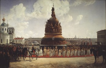 The Consecration of the Monument  to the Millennium of Russia in Novgorod on 1862, 1864. Artist: Willewalde, Gottfried (Bogdan Pavlovich) (1818-1903)