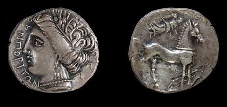 Drachma from Emporion. Obverse: Head of Persephone, 3rd cen. BC. Artist: Numismatic, Ancient Coins