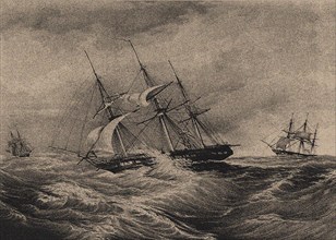 The frigate Kreiser and the sloop Ladoga at the coast of America 1823, 1900s-1910s. Artist: Anonymous